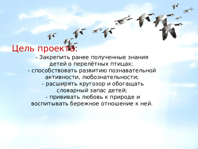 Цель проекта: - Закрепить ранее полученные знания детей о перелётных птицах; - способствовать развитию познавательной активности, любознательности;  - расширять кругозор и обогащать словарный запас детей;  - прививать любовь к природе и воспитывать бережное отношение к ней. 