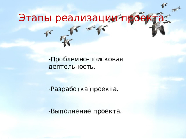 Этапы реализации проекта .      -Проблемно-поисковая деятельность. -Разработка проекта. -Выполнение проекта. 