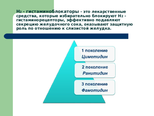 Н 2 - гистаминоблокаторы - это лекарственные средства, которые избирательно блокируют Н 2 - гистаминорецепторы, эффективно подавляют секрецию желудочного сока, оказывают защитную роль по отношению к слизистой желудка. 