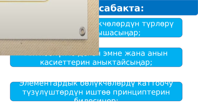 Бүгүнкү сабакта: Элементардык бөлүкчөлөрдүн түрлөрү менен таанышасыңар; Антибөлүкчө деген эмне жана анын касиеттерин аныктайсыңар; Элементардык бөлүкчөлөрдү каттоочу түзүлүштөрдүн иштөө принциптерин билесиңер; 