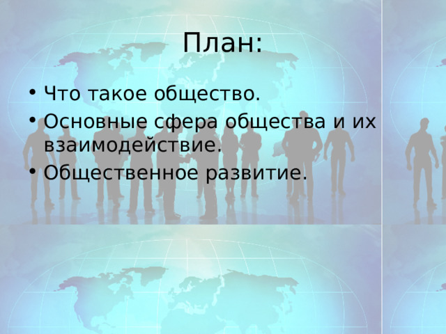 План: Что такое общество. Основные сфера общества и их взаимодействие. Общественное развитие. 