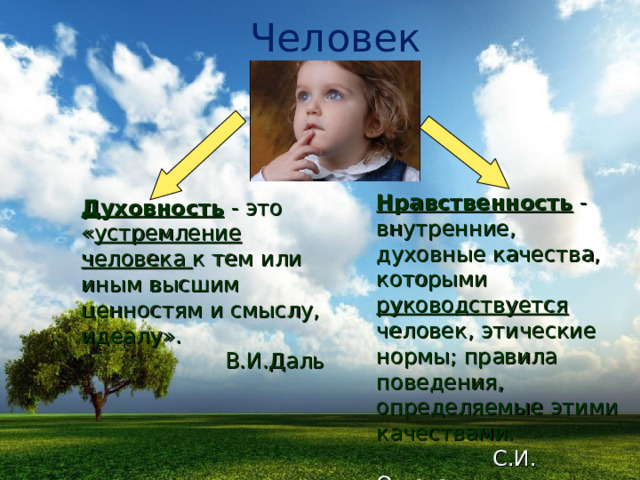 Человек Нравственность - внутренние, духовные качества, которыми руководствуется человек, этические нормы; правила поведения, определяемые этими качествами.  С.И. Ожегов Духовность - это « устремление человека к тем или иным высшим ценностям и смыслу, идеалу».  В.И.Даль 