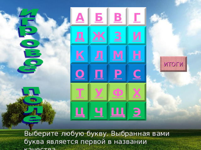 В Г Б А Д Ж И З М Л К Н ИТОГИ Р С О П У Ф Х Т Ц Ч Щ Э Выберите любую букву. Выбранная вами буква является первой в названии качества. 
