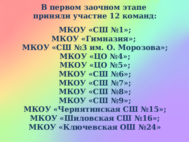 В первом заочном этапе приняли участие 12 команд:  МКОУ «СШ №1»; МКОУ «Гимназия»; МКОУ «СШ №3 им. О. Морозова»; МКОУ «ЦО №4»; МКОУ «ЦО №5»; МКОУ «СШ №6»; МКОУ «СШ №7»; МКОУ «СШ №8»; МКОУ «СШ №9»; МКОУ «Чернятинская СШ №15»; МКОУ «Шиловская СШ №16»; МКОУ «Ключевская ОШ №24» 