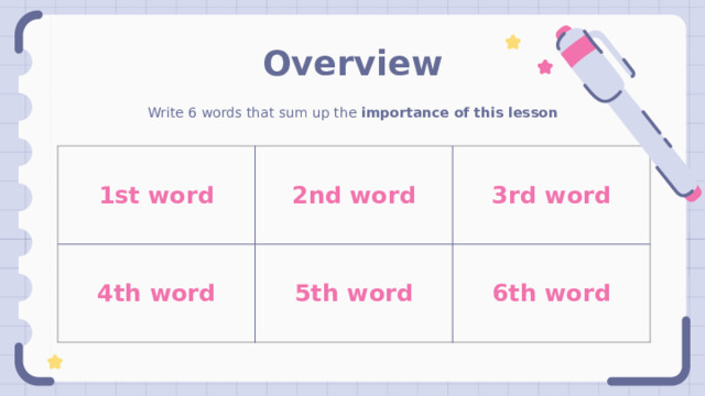 Overview Write 6 words that sum up the importance of this lesson  1st word 2nd word 4th word 5th word 3rd word 6th word 