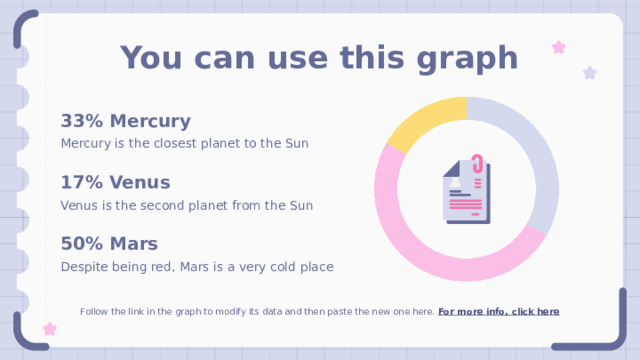 You can use this graph 33% Mercury  Mercury is the closest planet to the Sun 17% Venus Venus is the second planet from the Sun 50% Mars Despite being red, Mars is a very cold place Follow the link in the graph to modify its data and then paste the new one here. For more info, click here 