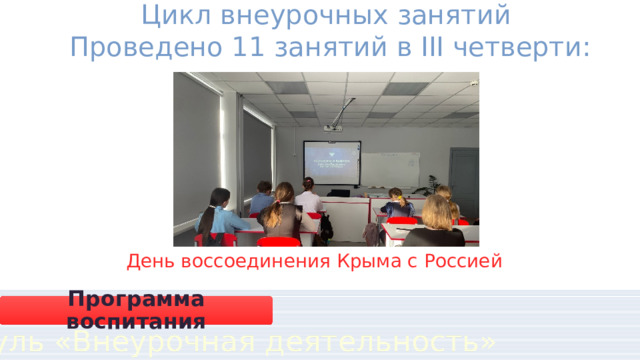 Цикл внеурочных занятий Проведено 11 занятий в III четверти: День воссоединения Крыма с Россией Программа воспитания Модуль «Внеурочная деятельность» 