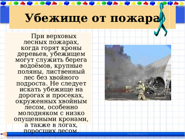 Убежище от пожара  При верховых лесных пожарах, когда горят кроны деревьев, убежищем могут служить берега водоёмов, крупные поляны, лиственный лес без хвойного подроста. Не следует искать убежище на дорогах и просеках, окруженных хвойным лесом, особенно молодняком с низко опущенными кронами, а также в логах, поросших лесом. 