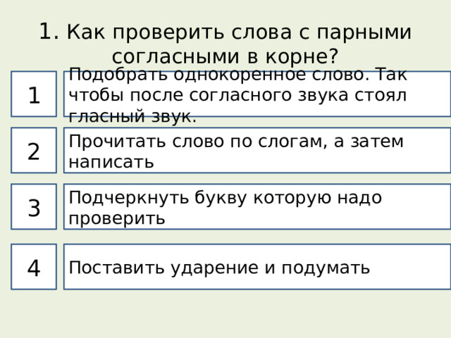 1. Как проверить слова с парными согласными в корне? 1 Подобрать однокоренное слово. Так чтобы после согласного звука стоял гласный звук. 2 Прочитать слово по слогам, а затем написать 3 Подчеркнуть букву которую надо проверить 4 Поставить ударение и подумать 