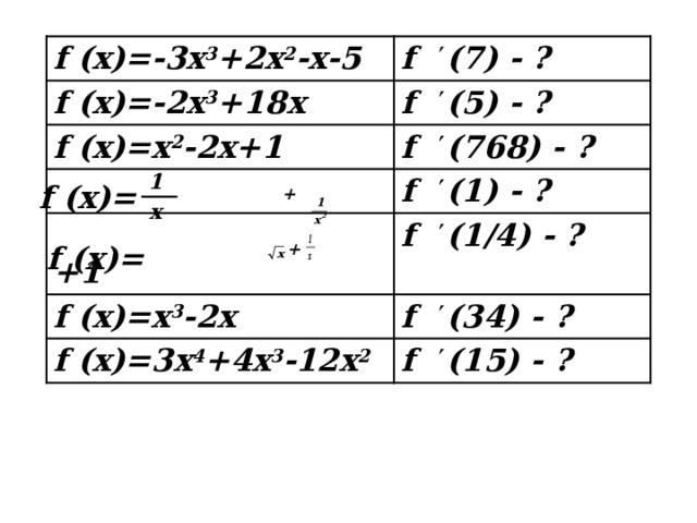 f (x)=-3x 3 +2x 2 -x-5 f  (7) - ? f (x)=-2x 3 +18x f  (5) - ? f (x)=x 2 -2x+1 f  (768) - ? f  (1) - ?  +1 f (x)=x 3 -2x f  (1/4) - ? f  (34) - ? f (x)=3x 4 +4x 3 -12x 2 f  (15) - ? f (x)= + f (x)=  + 