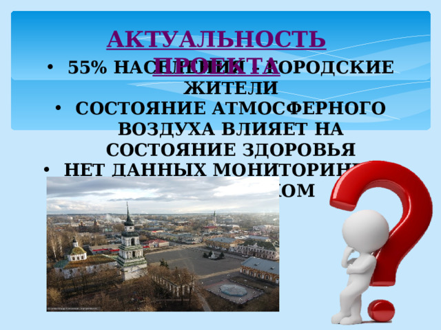 АКТУАЛЬНОСТЬ ПРОЕКТА 55% НАСЕЛЕНИЯ – ГОРОДСКИЕ ЖИТЕЛИ СОСТОЯНИЕ АТМОСФЕРНОГО ВОЗДУХА ВЛИЯЕТ НА СОСТОЯНИЕ ЗДОРОВЬЯ НЕТ ДАННЫХ МОНИТОРИНГА В Г.СЛОБОДСКОМ 