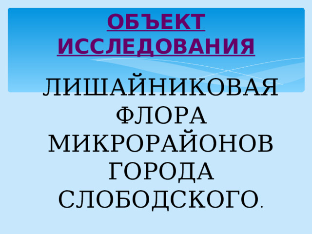 ОБЪЕКТ ИССЛЕДОВАНИЯ ЛИШАЙНИКОВАЯ ФЛОРА МИКРОРАЙОНОВ ГОРОДА СЛОБОДСКОГО . 