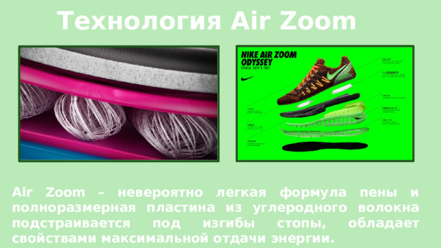 Технология Air Zoom Air Zoom – невероятно легкая формула пены и полноразмерная пластина из углеродного волокна подстраивается под изгибы стопы, обладает свойствами максимальной отдачи энергии. 