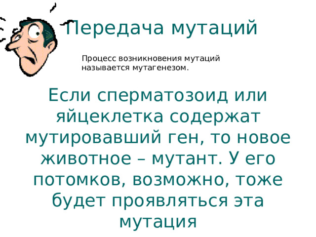 Передача мутаций Процесс возникновения мутаций называется мутагенезом.  Если сперматозоид или яйцеклетка содержат мутировавший ген, то новое животное – мутант. У его потомков, возможно, тоже будет проявляться эта мутация 