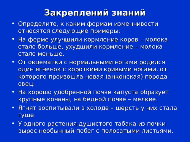 Закреплений знаний Определите, к каким формам изменчивости относятся следующие примеры: На ферме улучшили кормление коров – молока стало больше, ухудшили кормление – молока стало меньше. От овцематки с нормальными ногами родился один ягненок с короткими кривыми ногами, от которого произошла новая (анконская) порода овец. На хорошо удобренной почве капуста образует крупные кочаны, на бедной почве – мелкие. Ягнят воспитывали в холоде – шерсть у них стала гуще. У одного растения душистого табака из почки вырос необычный побег с полосатыми листьями.  