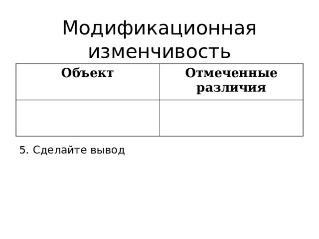 Модификационная изменчивость Объект Отмеченные различия 5. Сделайте вывод 