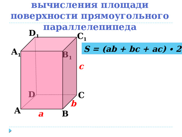 Составьте формулу для вычисления площади поверхности прямоугольного параллелепипеда D 1 С 1 S = (ab + bc + ac) ∙ 2 А 1 B 1 c D С b А В а 