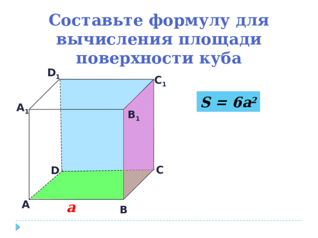 Составьте формулу для вычисления площади поверхности куба D 1 С 1 S = 6a 2 А 1 В 1 С D А а В 