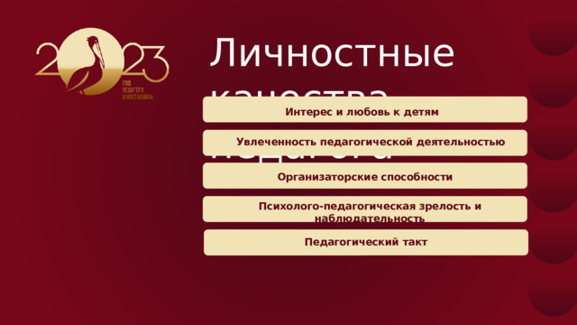 Личностные качества педагога Интерес и любовь к детям Увлеченность педагогической деятельностью Организаторские способности Психолого-педагогическая зрелость и наблюдательность Педагогический  такт 