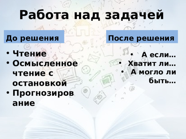 Работа над задачей До решения После решения Чтение Осмысленное чтение с остановкой Прогнозирование А если… Хватит ли… А могло ли быть…  