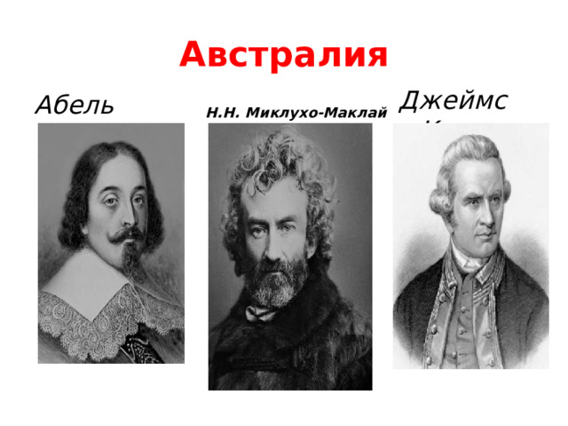 Австралия Джеймс Кук Абель Тасман Н.Н. Миклухо-Маклай 