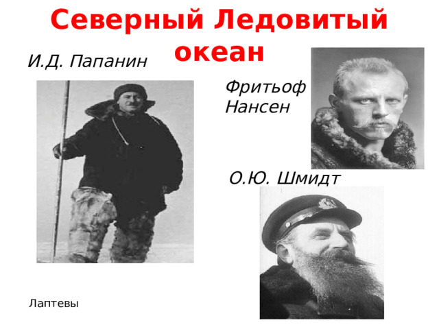 Северный Ледовитый океан И.Д. Папанин Фритьоф Нансен О.Ю. Шмидт Лаптевы 