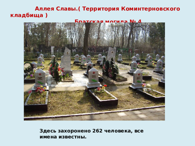  Аллея Славы.(  Территория Коминтерновского кладбища )  Братская могила № 4   Здесь захоронено 262 человека, все имена известны.   