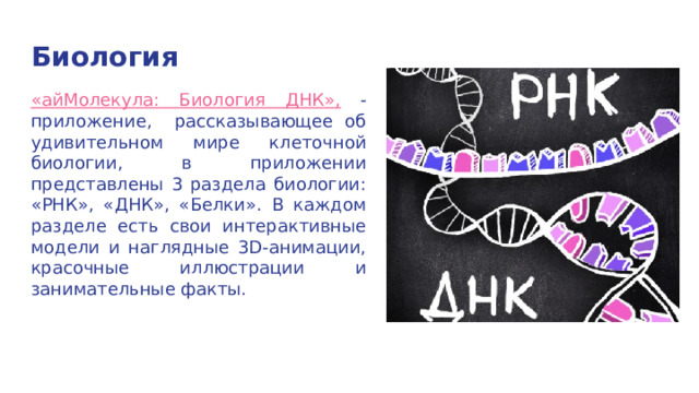 Биология «айМолекула: Биология ДНК», - приложение, рассказывающее об удивительном мире клеточной биологии, в приложении представлены 3 раздела биологии: «РНК», «ДНК», «Белки». В каждом разделе есть свои интерактивные модели и наглядные 3D-анимации, красочные иллюстрации и занимательные факты. 