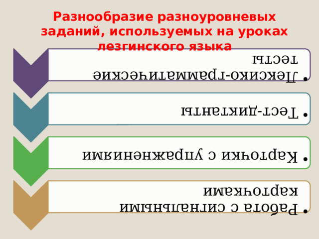 Лексико-грамматические тесты Лексико-грамматические тесты Тест-диктанты Тест-диктанты Карточки с упражнениями Карточки с упражнениями Работа с сигнальными карточками Работа с сигнальными карточками Разнообразие разноуровневых заданий, используемых на уроках лезгинского языка 