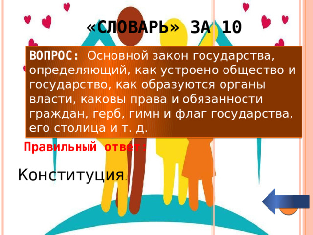 «словарь» за 10 ВОПРОС: Основной закон государства, определяющий, как устроено общество и государство, как образуются органы власти, каковы права и обязанности граждан, герб, гимн и флаг государства, его столица и т. д. Правильный ответ: Конституция . 