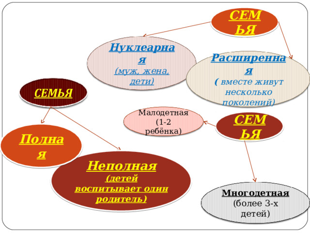 СЕМЬЯ Нуклеарная (муж, жена, дети) Расширенная ( вместе живут несколько поколений) Малодетная (1-2 ребёнка) СЕМЬЯ Полная Неполная (детей воспитывает один родитель) Многодетная (более 3-х детей) 