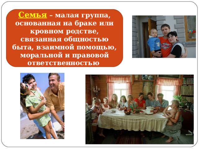 Семья  – малая группа, основанная на браке или кровном родстве, связанная общностью быта, взаимной помощью, моральной и правовой ответственностью 