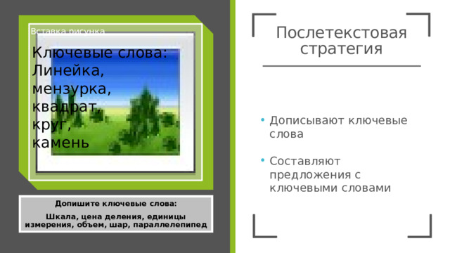 Послетекстовая стратегия Вставка рисунка Ключевые слова: Линейка, мензурка, квадрат, круг, камень Дописывают ключевые слова Составляют предложения с ключевыми словами Допишите ключевые слова: Шкала, цена деления, единицы измерения, объем, шар, параллелепипед 