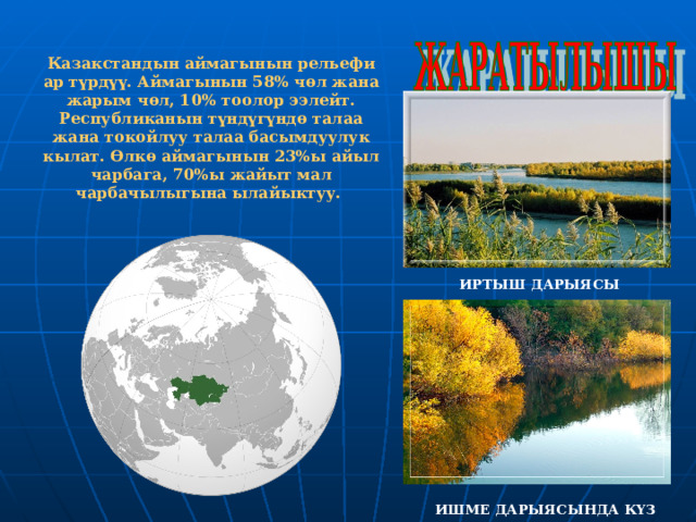 Казакстандын аймагынын рельефи ар түрдүү. Аймагынын 58% чөл жана жарым чөл, 10% тоолор ээлейт. Республиканын түндүгүндө талаа жана токойлуу талаа басымдуулук кылат. Өлкө аймагынын 23%ы айыл чарбага, 70%ы жайыт мал чарбачылыгына ылайыктуу.  ИРТЫШ ДАРЫЯСЫ ИШМЕ ДАРЫЯСЫНДА КҮЗ 