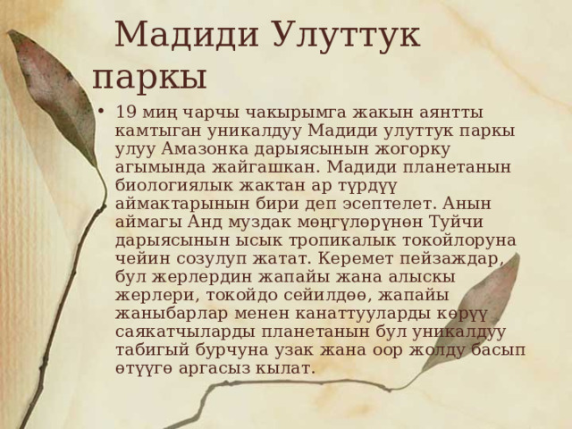  Мадиди Улуттук паркы 19 миң чарчы чакырымга жакын аянтты камтыган уникалдуу Мадиди улуттук паркы улуу Амазонка дарыясынын жогорку агымында жайгашкан. Мадиди планетанын биологиялык жактан ар түрдүү аймактарынын бири деп эсептелет. Анын аймагы Анд муздак мөңгүлөрүнөн Туйчи дарыясынын ысык тропикалык токойлоруна чейин созулуп жатат. Керемет пейзаждар, бул жерлердин жапайы жана алыскы жерлери, токойдо сейилдөө, жапайы жаныбарлар менен канаттууларды көрүү саякатчыларды планетанын бул уникалдуу табигый бурчуна узак жана оор жолду басып өтүүгө аргасыз кылат. 