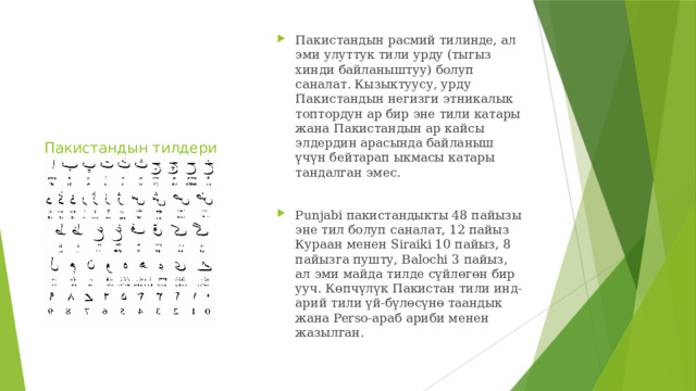 Пакистандын расмий тилинде, ал эми улуттук тили урду (тыгыз хинди байланыштуу) болуп саналат. Кызыктуусу, урду Пакистандын негизги этникалык топтордун ар бир эне тили катары жана Пакистандын ар кайсы элдердин арасында байланыш үчүн бейтарап ыкмасы катары тандалган эмес. Punjabi пакистандыкты 48 пайызы эне тил болуп саналат, 12 пайыз Кураан менен Siraiki 10 пайыз, 8 пайызга пушту, Balochi 3 пайыз, ал эми майда тилде сүйлөгөн бир ууч. Көпчүлүк Пакистан тили инд-арий тили үй-бүлөсүнө таандык жана Perso-араб ариби менен жазылган. Пакистандын тилдери  