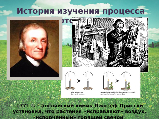История изучения процесса фотосинтеза 1771 г. – английский химик Джозеф Пристли установил, что растения «исправляют» воздух, «испорченный» горящей свечой .   
