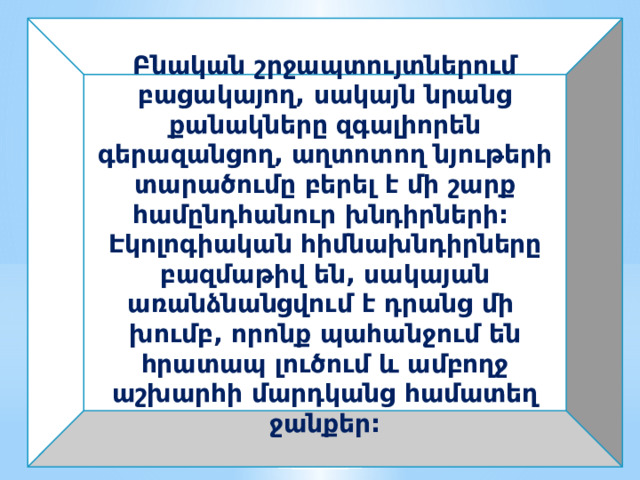 Բնական շրջապտույտներում բացակայող, սակայն նրանց քանակները զգալիորեն գերազանցող, աղտոտող նյութերի տարածումը բերել է մի շարք համընդհանուր խնդիրների: Էկոլոգիական հիմնախնդիրները բազմաթիվ են, սակայան առանձնանցվում է դրանց մի խումբ, որոնք պահանջում են հրատապ լուծում և ամբողջ աշխարհի մարդկանց համատեղ ջանքեր: 