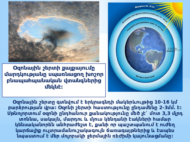Օզոնային շերտի քայքայումը մարդկությանը սպառնացող խոշոր բնապահպանական վտանգներից մեկնէ:  Օզոնային շերտը գտնվում է երկրագնդի մակերևույթից 10-16 կմ բարձրության վրա: Օզոնի շերտի հաստությունը ընդամենը 2-3մմ. է: Մթնոլորտում օզոնի ընդհանուր քանակությունը մեծ չէ` մոտ 3,3 մլրդ տոննա, սակայն, մարդու և մյուս կենդանի էակների համար կենսականորեն անհրաժեշտ է, քանի որ պաշտպանում է ուժեղ կարճալիք ուլտրամանուշակագույն ճառագայթներից և էապես նպաստում է մեր մոլորակի ջերմային ռեժիմի կայունացմանը: 