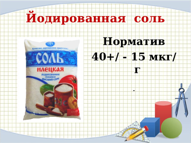 Йодированная соль Норматив 40+/ - 15 мкг/г  - 