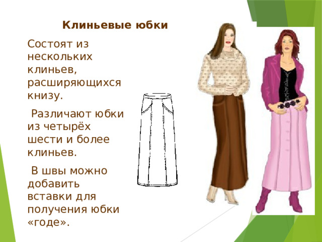 Прямые юбки состоят из двух деталей: переднего и заднего полотнища с вытачками. Прямые юбки могут иметь разрезы, складки, сборки, кокетки, карманы и т.д. 