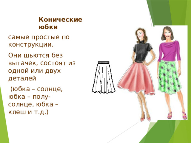 Клиньевые юбки Состоят из нескольких клиньев, расширяющихся книзу.  Различают юбки из четырёх шести и более клиньев.  В швы можно добавить вставки для получения юбки «годе». 