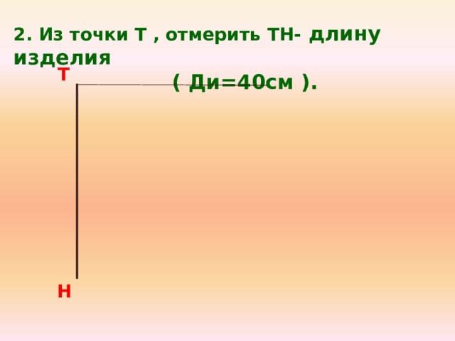 2. Из точки Т , отмерить ТН- длину изделия  ( Ди=40см ). Т Н 