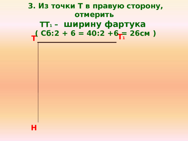 3. Из точки Т в правую сторону, отмерить ТТ 1 – ширину фартука  ( Сб:2 + 6 = 40:2 +6 = 26см ) Т 1 Т Н 