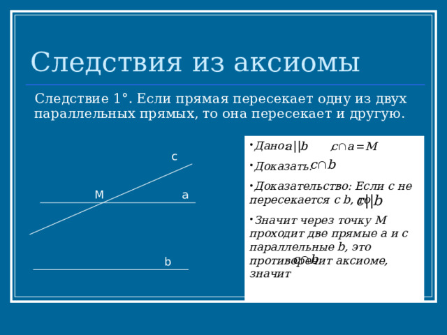 Следствия из аксиомы Следствие 1°. Если прямая пересекает одну из двух параллельных прямых, то она пересекает и другую. Дано: , Доказать: Доказательство: Если c не пересекается c b , то Значит через точку М проходит две прямые а и с параллельные b , это противоречит аксиоме, значит  с а М b 