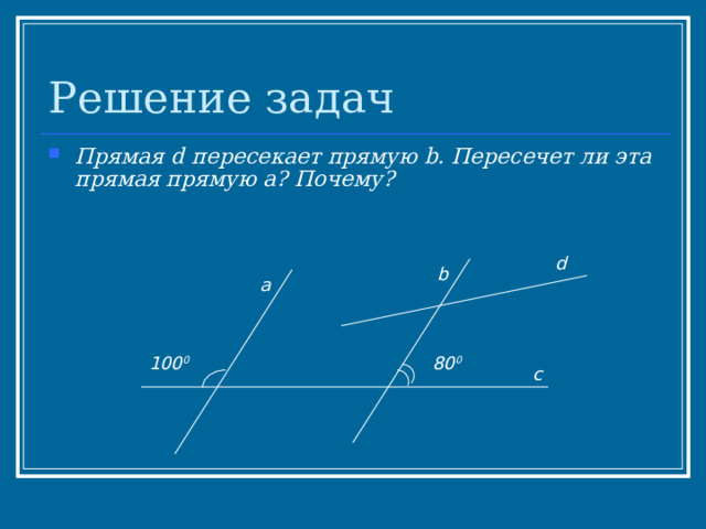 Решение задач Прямая d пересекает прямую b . Пересечет ли эта прямая прямую a ? Почему? d b a 80 0 100 0 c 