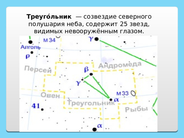 Треуго́льник — созвездие северного полушария неба, содержит 25 звезд, видимых невооружённым глазом. 