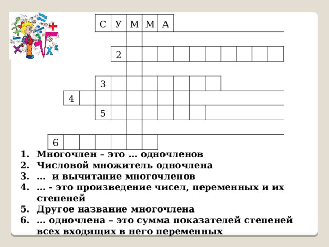 С У М 2 4 М 3 А 6 5 Многочлен – это … одночленов Числовой множитель одночлена … и вычитание многочленов … - это произведение чисел, переменных и их степеней Другое название многочлена … одночлена – это сумма показателей степеней всех входящих в него переменных 