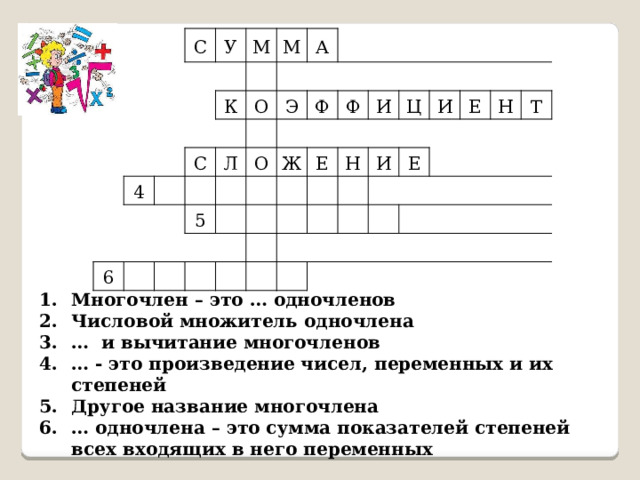 С У М 4 К М С А О Л 6 Э 5 Ф О Ж Ф И Е Н Ц И И Е Е Н Т Многочлен – это … одночленов Числовой множитель одночлена … и вычитание многочленов … - это произведение чисел, переменных и их степеней Другое название многочлена … одночлена – это сумма показателей степеней всех входящих в него переменных 