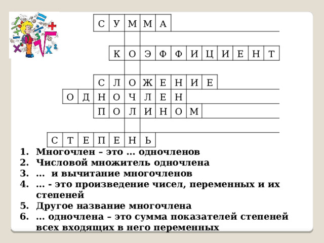 С У М О К М С Д А О Н С Л Э Т П О Ф О Е О Ф Ч Ж П Л Е И Л Е Ц И Н Е И Н И Н Н О Е Ь Е Н М Т Многочлен – это … одночленов Числовой множитель одночлена … и вычитание многочленов … - это произведение чисел, переменных и их степеней Другое название многочлена … одночлена – это сумма показателей степеней всех входящих в него переменных 